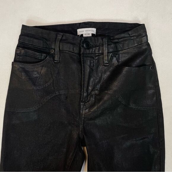 Good American Mid Rise Straight Coated Jeans Women Size 0 Black GS001T - Picture 2 of 9